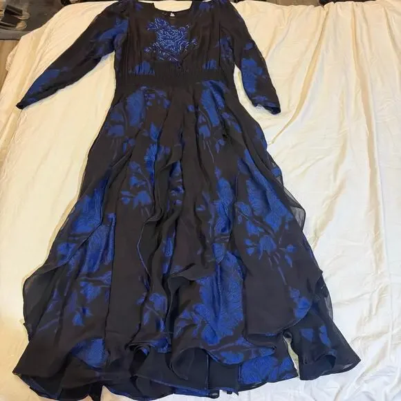 Vintage Diane Freis Silk Dress Beaded Floral Smocked Waist Hong Kong